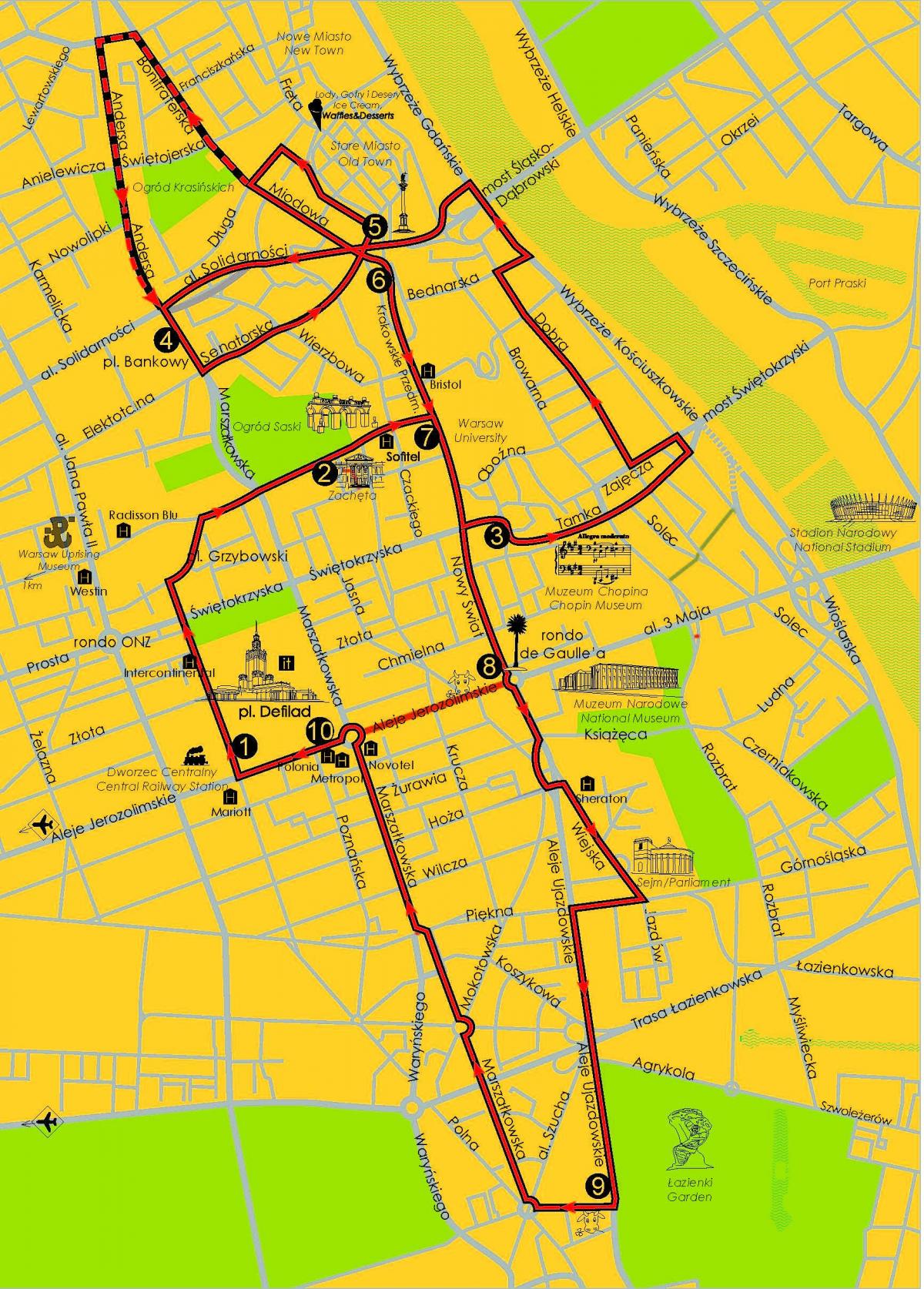 Kaart van Warschau hop on hop off bus 
