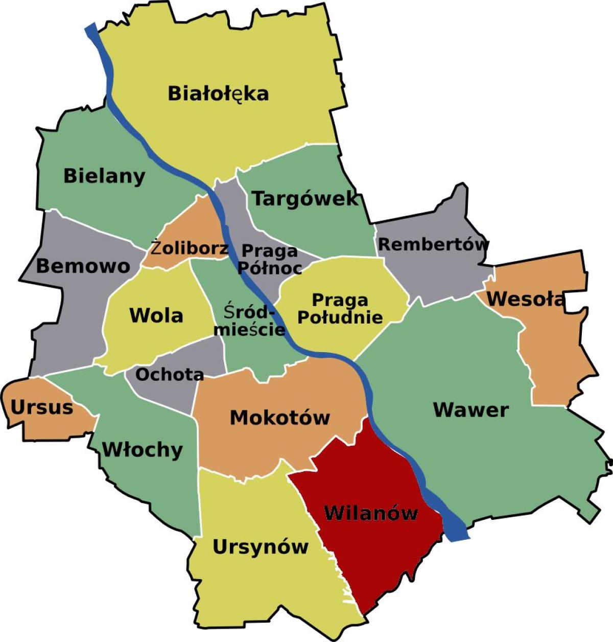 Kaart van Warschau wijken 